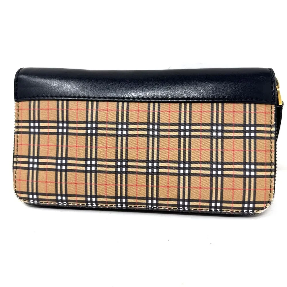 VTG Burberry Zip Around Wallet Clutch Black Leather House Check Canvas Preppy